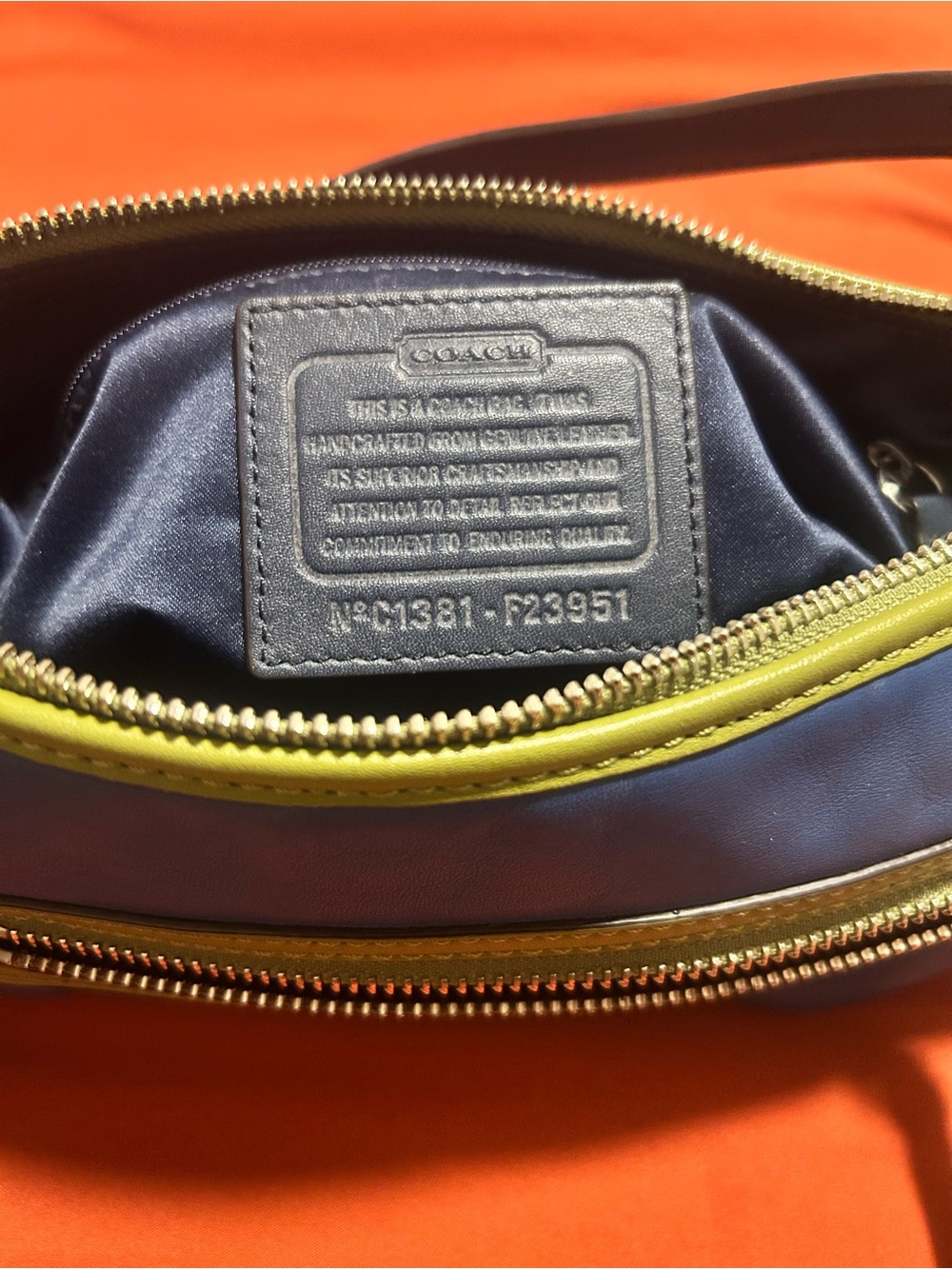 COACH Blue Leather Shoulder Bag with Lime Trim - Picture 2 of 5